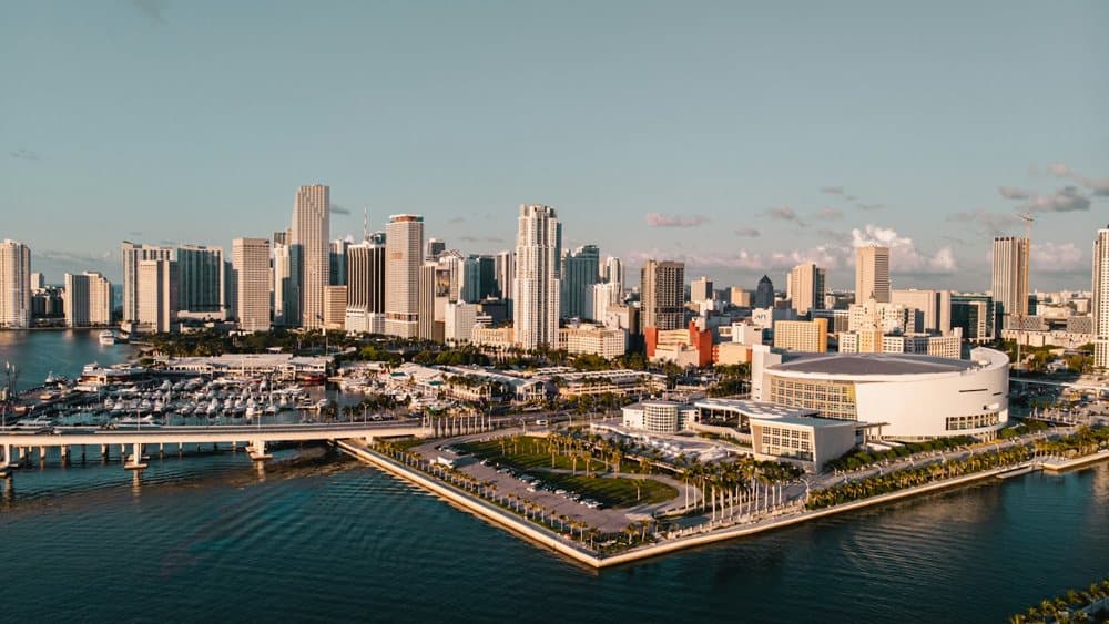 Downtown Miami skyline across Biscayne Bay at golden hour