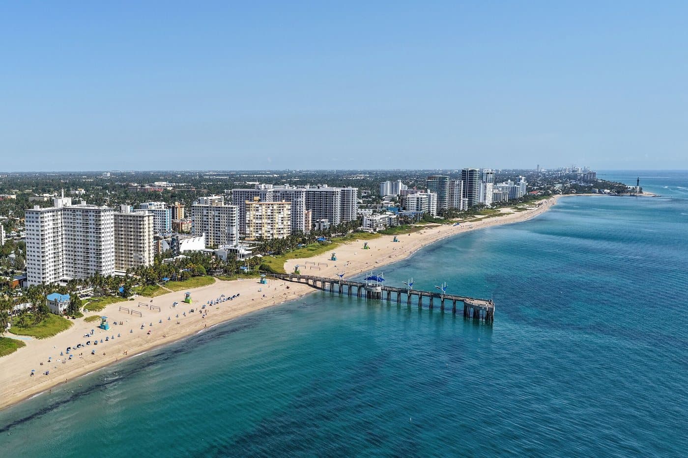 Aerial view of the Pompano Beach pier and beachfront towers