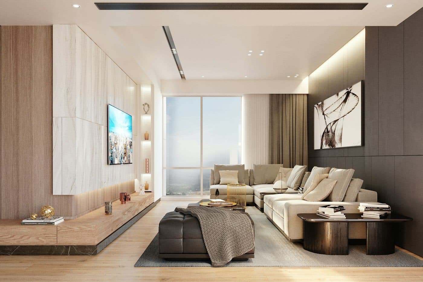 Elegant living room with warm wood paneling and a city view